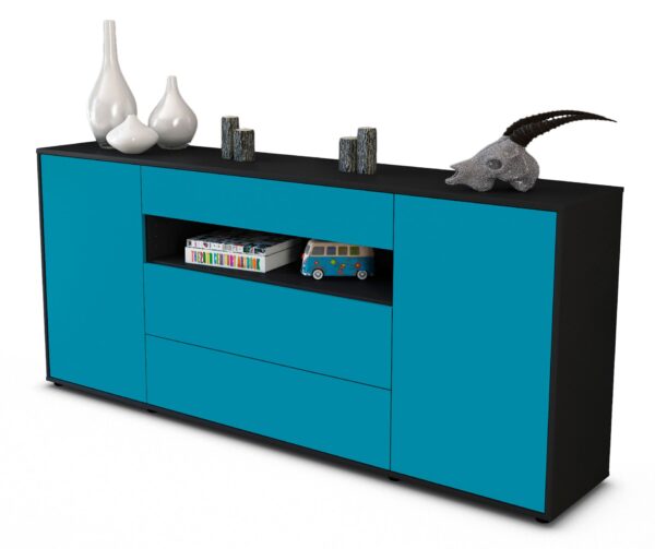 Sideboard Filippa | Korpus Anthrazit | Front in Türkis | 180x79x35cm (BxHxT)