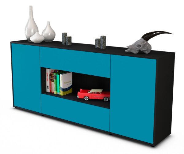 Sideboard Filomena | Korpus Anthrazit | Front in Türkis | 180x79x35cm (BxHxT)