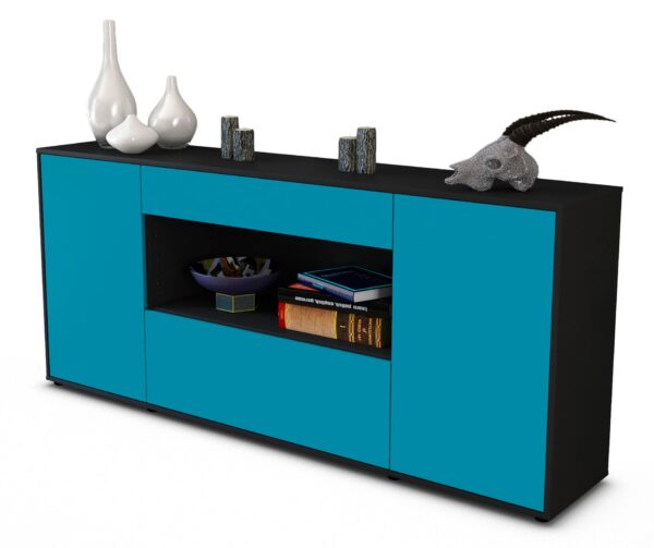 Sideboard Fiora | Korpus Anthrazit | Front in Türkis | 180x79x35cm (BxHxT)