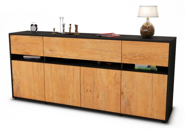 Sideboard Flora | Korpus Anthrazit | Front in Eiche Holz Optik | 180x79x35cm (BxHxT)