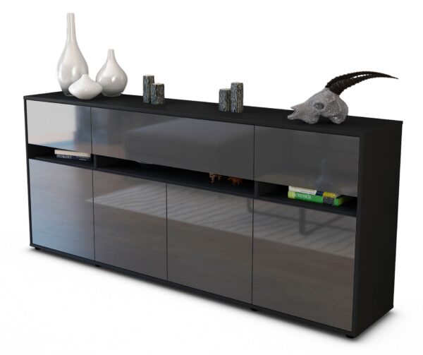 Sideboard Flora | Korpus Anthrazit | Front in Hochglanz Grau | 180x79x35cm (BxHxT)