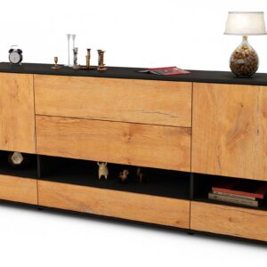 Sideboard Florentina | Korpus Anthrazit | Front in Eiche Holz Optik | 180x79x35cm (BxHxT)
