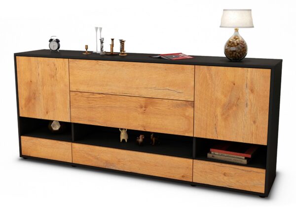 Sideboard Florentina | Korpus Anthrazit | Front in Eiche Holz Optik | 180x79x35cm (BxHxT)