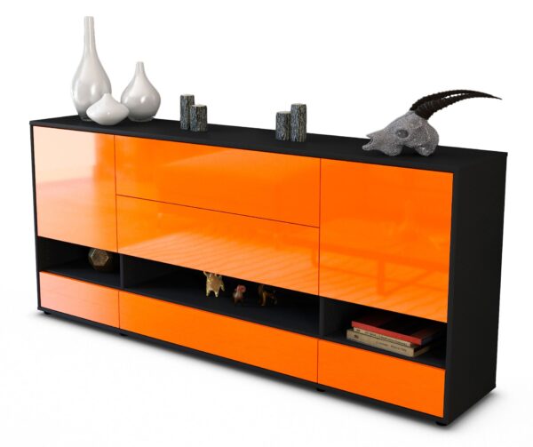 Sideboard Florentina | Korpus Anthrazit | Front in Hochglanz Orange | 180x79x35cm (BxHxT)