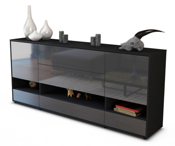 Sideboard Florentina | Korpus Anthrazit | Front in Hochglanz Grau | 180x79x35cm (BxHxT)