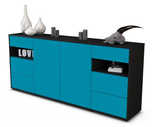 Sideboard Francesca | Korpus Anthrazit | Front in Türkis | 180x79x35cm (BxHxT)