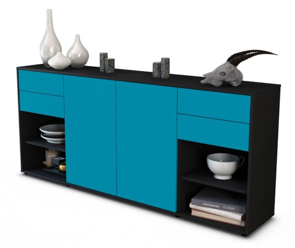 Sideboard Franka | Korpus Anthrazit | Front in Türkis | 180x79x35cm (BxHxT)