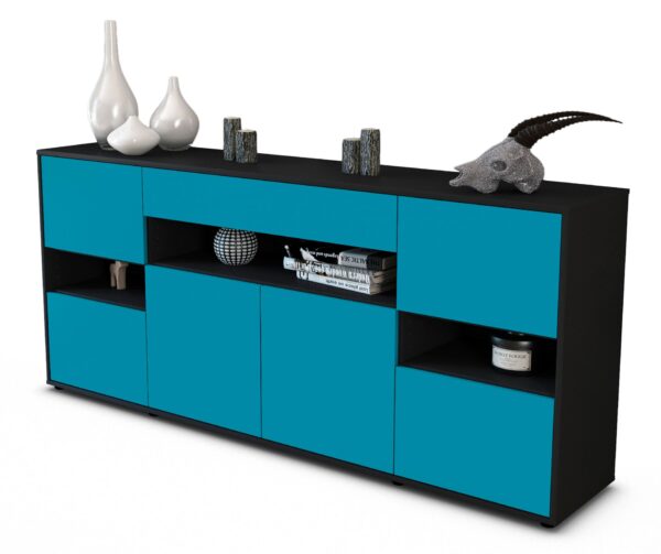 Sideboard Ginevra | Korpus Anthrazit | Front in Türkis | 180x79x35cm (BxHxT)