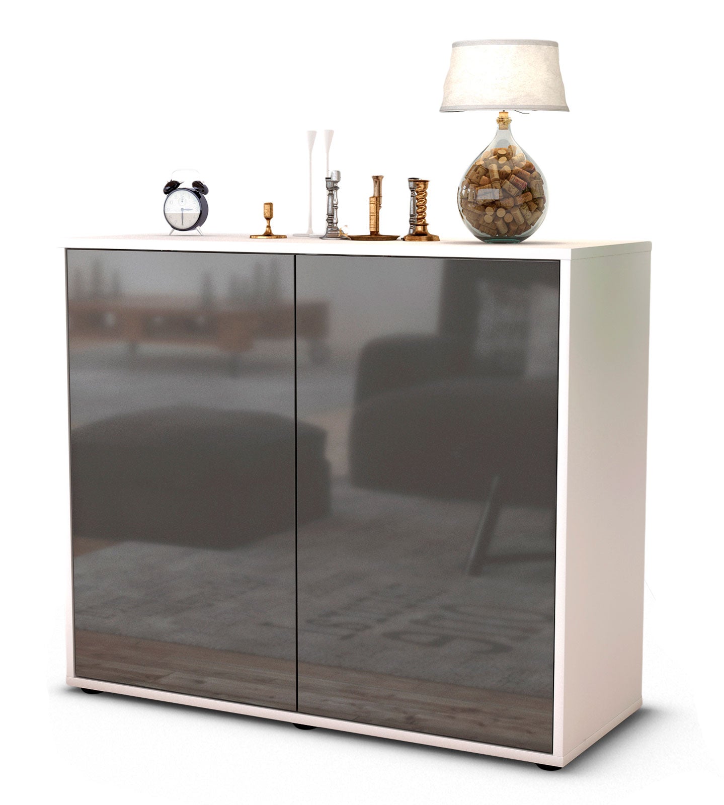 Sideboard Blanka | Korpus Weiß | Front in Hochglanz Grau | 92x79x35cm (BxHxT) 1 Sideboard Blanka | Korpus Weiß | Front in Hochglanz Grau | 92x79x35cm (BxHxT)