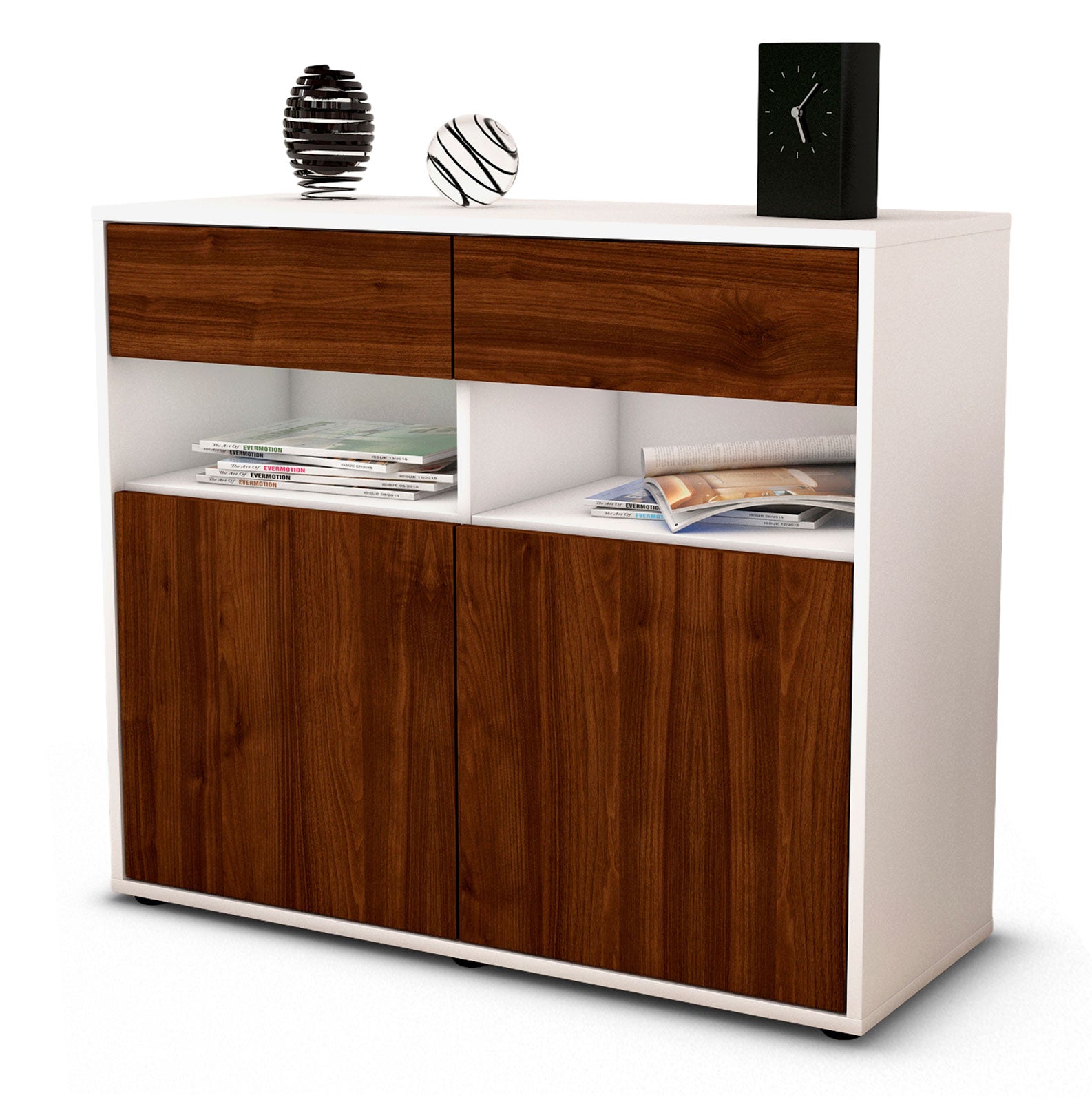 Sideboard Bruna | Korpus Weiß | Front in Walnuss Holz Optik | 92x79x35cm (BxHxT) 1 Sideboard Bruna | Korpus Weiß | Front in Walnuss Holz Optik | 92x79x35cm (BxHxT)
