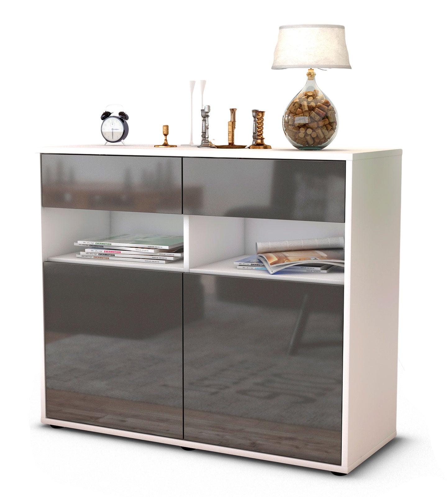 Sideboard Bruna | Korpus Weiß | Front in Hochglanz Grau | 92x79x35cm (BxHxT) 1 Sideboard Bruna | Korpus Weiß | Front in Hochglanz Grau | 92x79x35cm (BxHxT)