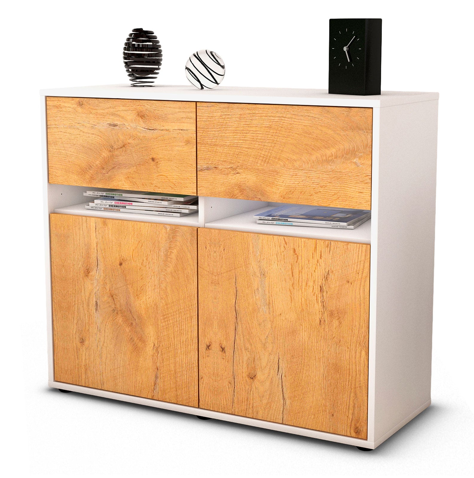 Sideboard Brunilde | Korpus Weiß | Front in Eiche Holz Optik | 92x79x35cm (BxHxT) 1 Sideboard Brunilde | Korpus Weiß | Front in Eiche Holz Optik | 92x79x35cm (BxHxT)