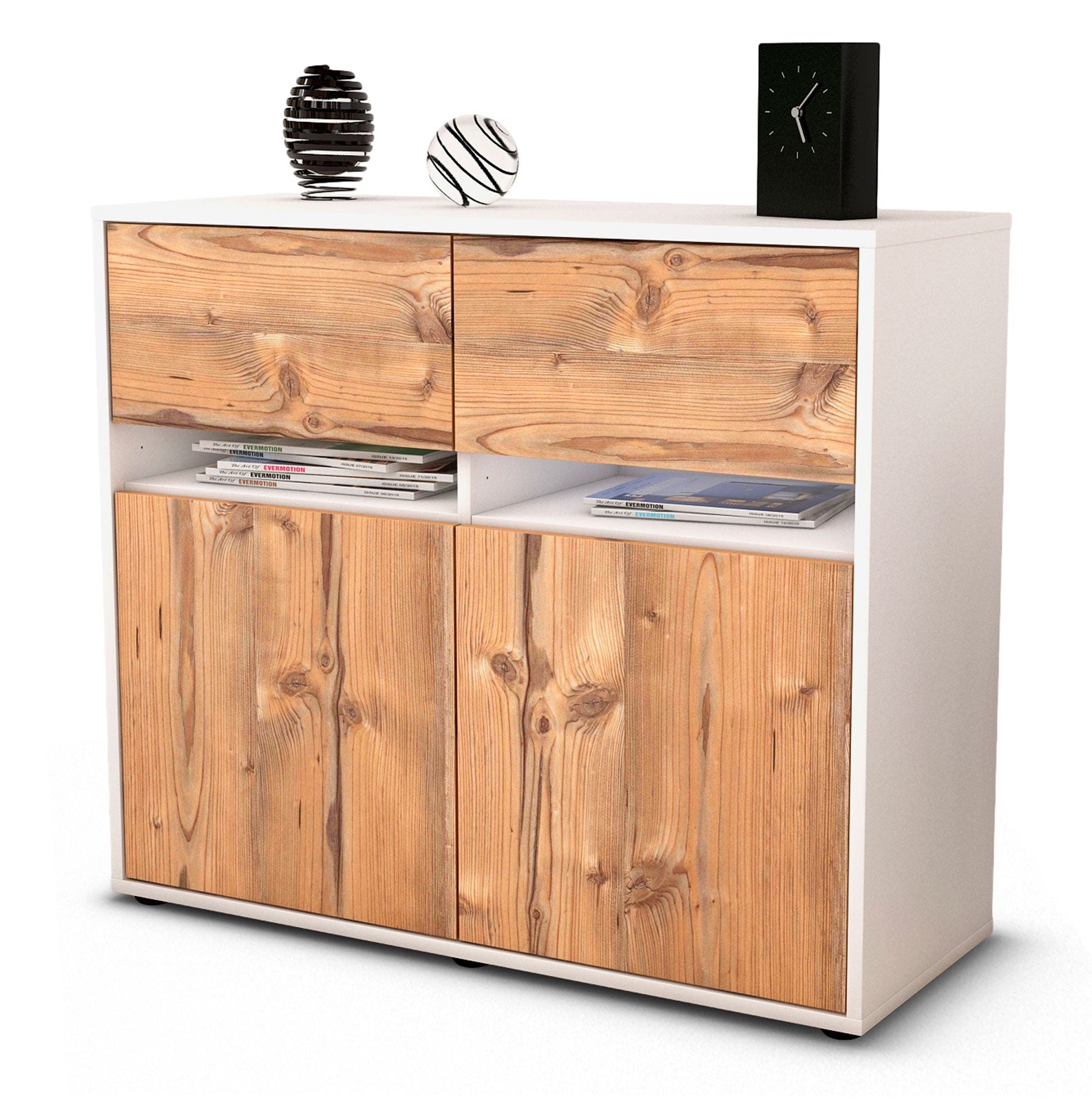 Sideboard Brunilde | Korpus Weiß | Front in Pinie Holz Optik | 92x79x35cm (BxHxT) 1 Sideboard Brunilde | Korpus Weiß | Front in Pinie Holz Optik | 92x79x35cm (BxHxT)