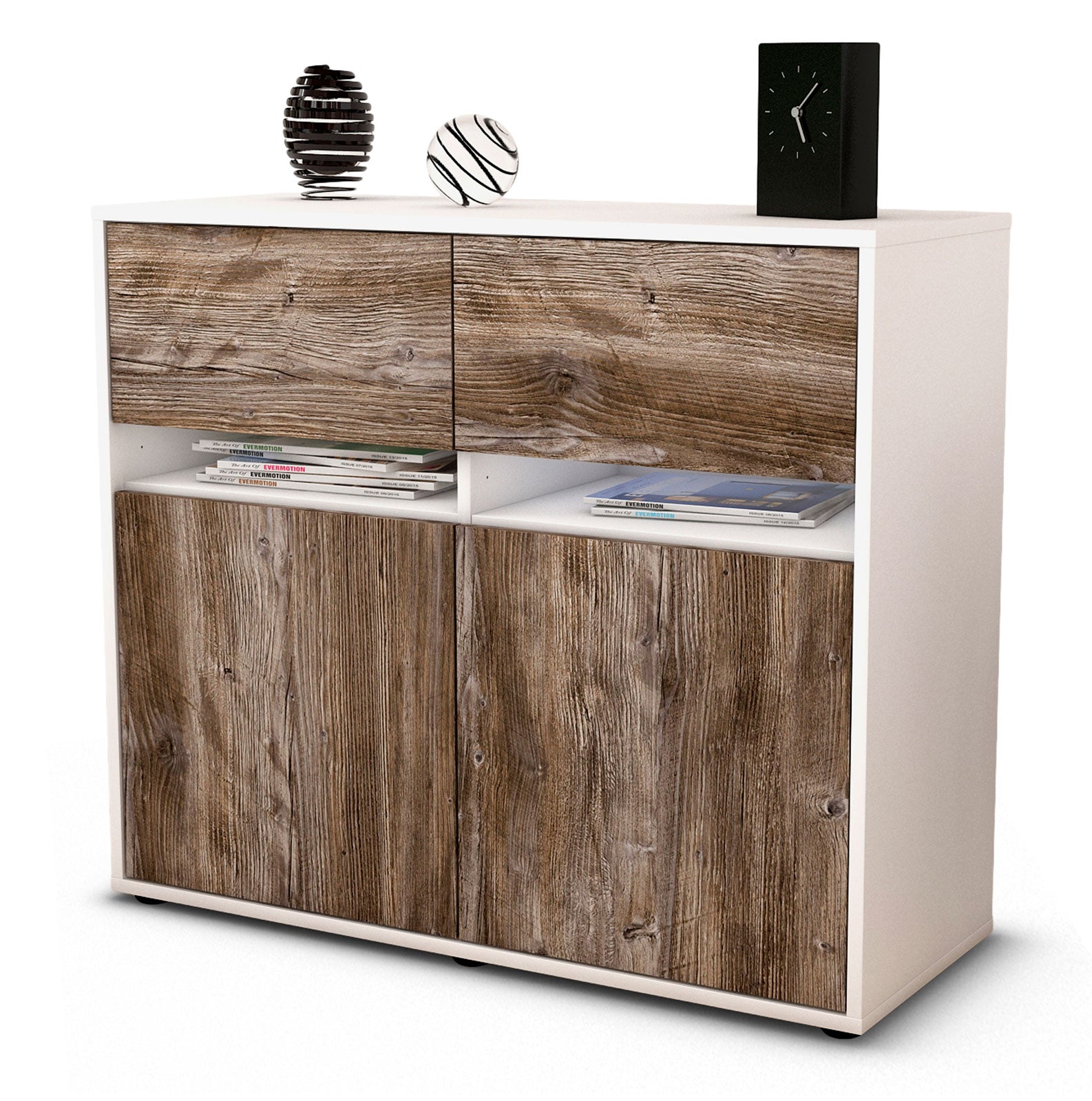 Sideboard Brunilde | Korpus Weiß | Front in Treibholz Holz Optik | 92x79x35cm (BxHxT) 1 Sideboard Brunilde | Korpus Weiß | Front in Treibholz Holz Optik | 92x79x35cm (BxHxT)