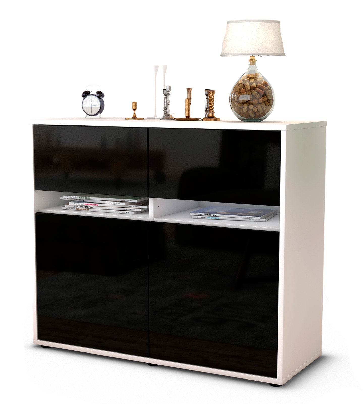 Sideboard Brunilde | Korpus Weiß | Front in Hochglanz Schwarz | 92x79x35cm (BxHxT) 1 Sideboard Brunilde | Korpus Weiß | Front in Hochglanz Schwarz | 92x79x35cm (BxHxT)