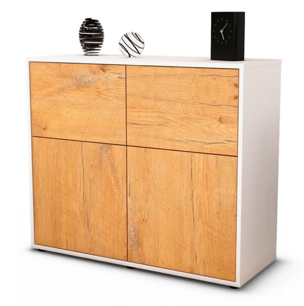 Sideboard Calliope | Korpus Weiß | Front in Eiche Holz Optik | 92x79x35cm (BxHxT)