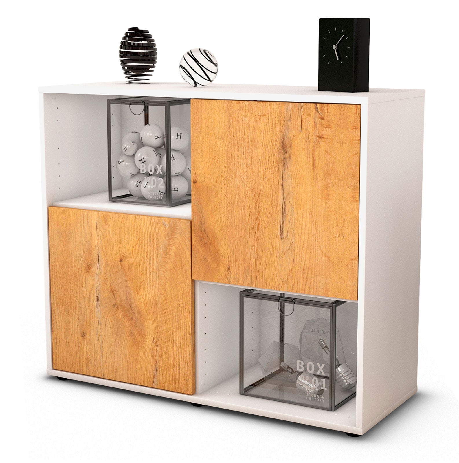Sideboard Caralina | Korpus Weiß | Front in Eiche Holz Optik | 92x79x35cm (BxHxT) 1 Sideboard Caralina | Korpus Weiß | Front in Eiche Holz Optik | 92x79x35cm (BxHxT)