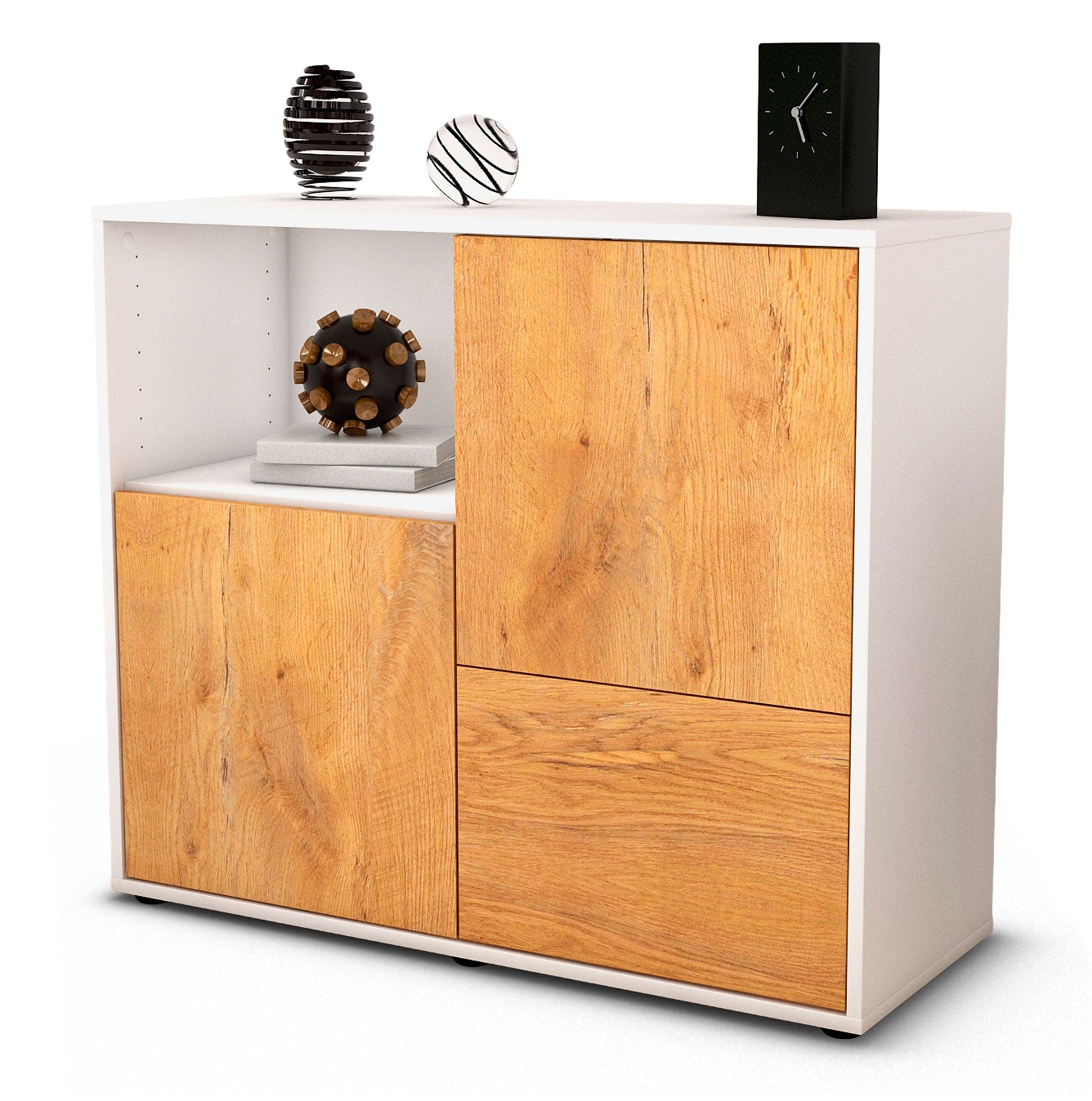 Sideboard Carina | Korpus Weiß | Front in Eiche Holz Optik | 92x79x35cm (BxHxT) 1 Sideboard Carina | Korpus Weiß | Front in Eiche Holz Optik | 92x79x35cm (BxHxT)