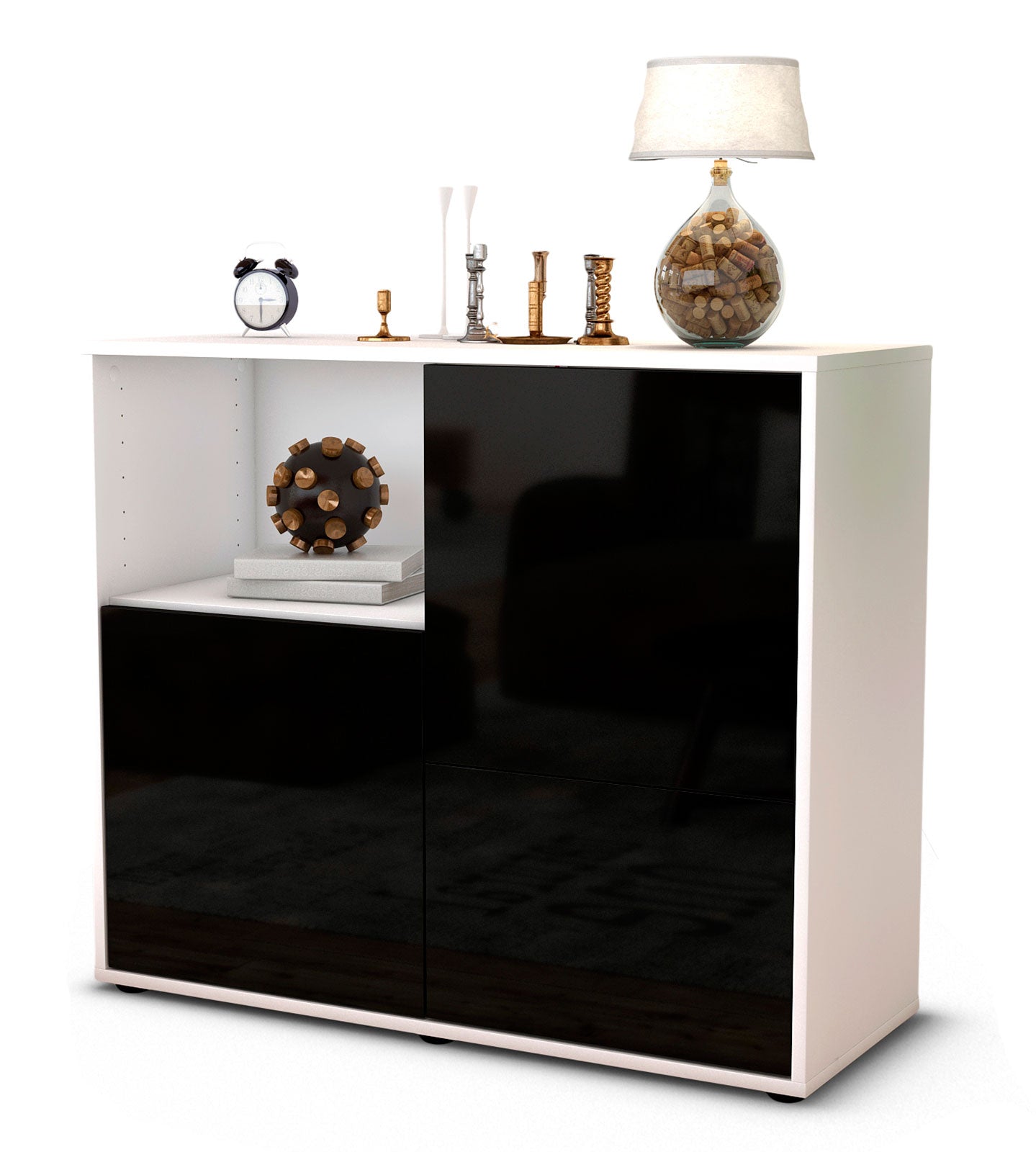 Sideboard Carina | Korpus Weiß | Front in Hochglanz Schwarz | 92x79x35cm (BxHxT) 1 Sideboard Carina | Korpus Weiß | Front in Hochglanz Schwarz | 92x79x35cm (BxHxT)