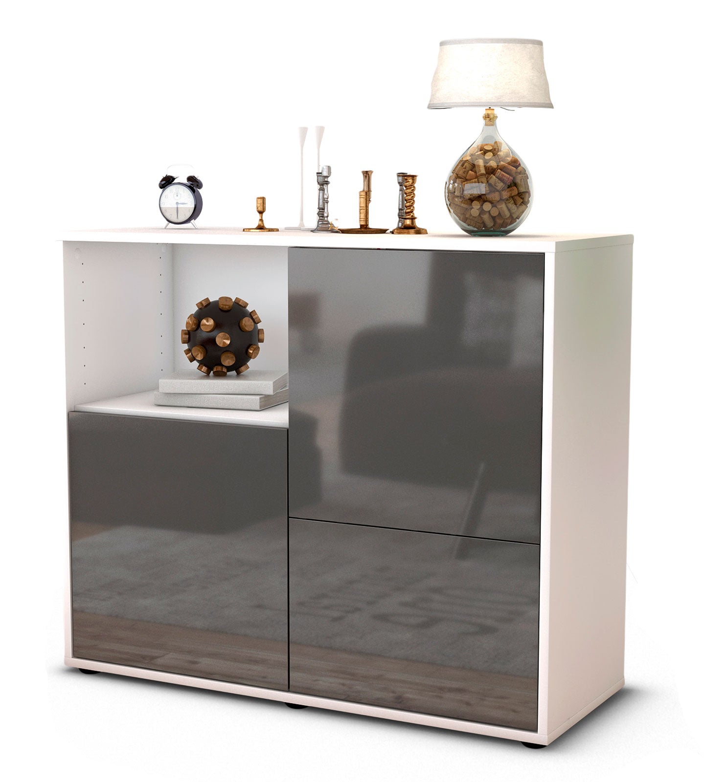 Sideboard Carina | Korpus Weiß | Front in Hochglanz Grau | 92x79x35cm (BxHxT) 1 Sideboard Carina | Korpus Weiß | Front in Hochglanz Grau | 92x79x35cm (BxHxT)