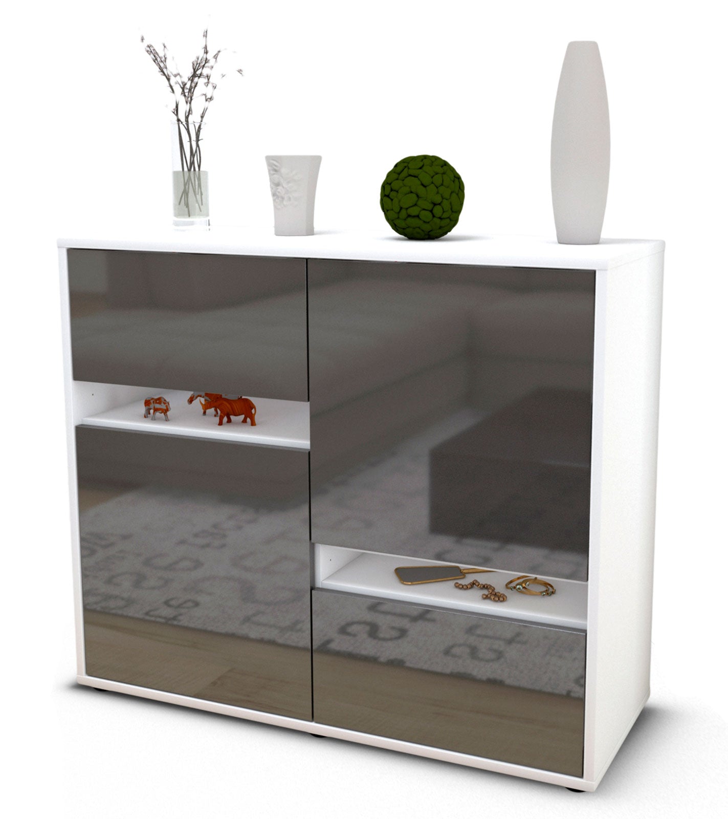 Sideboard Carlotta | Korpus Weiß | Front in Hochglanz Grau | 92x79x35cm (BxHxT) 1 Sideboard Carlotta | Korpus Weiß | Front in Hochglanz Grau | 92x79x35cm (BxHxT)