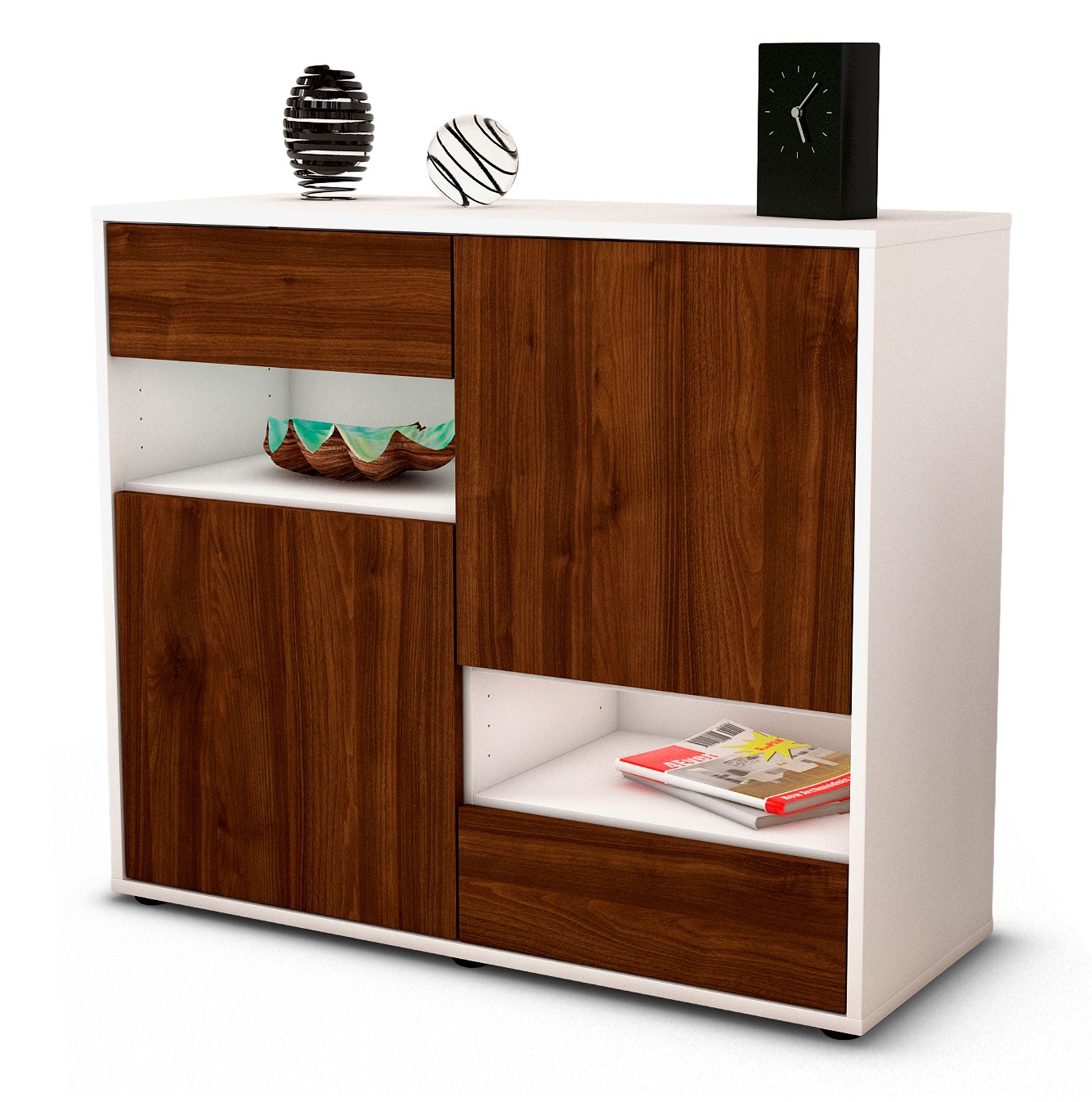 Sideboard Carmelina | Korpus Weiß | Front in Walnuss Holz Optik | 92x79x35cm (BxHxT) 1 Sideboard Carmelina | Korpus Weiß | Front in Walnuss Holz Optik | 92x79x35cm (BxHxT)