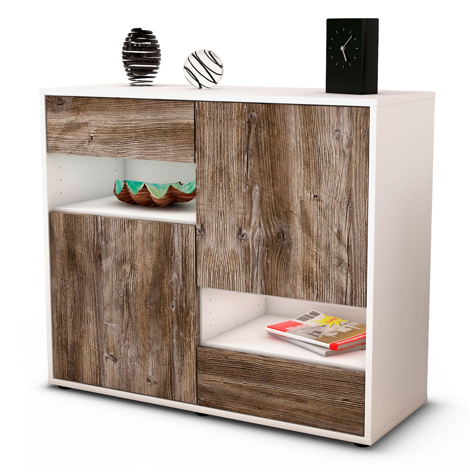 Sideboard Carmelina | Korpus Weiß | Front in Treibholz Holz Optik | 92x79x35cm (BxHxT) 1 Sideboard Carmelina | Korpus Weiß | Front in Treibholz Holz Optik | 92x79x35cm (BxHxT)