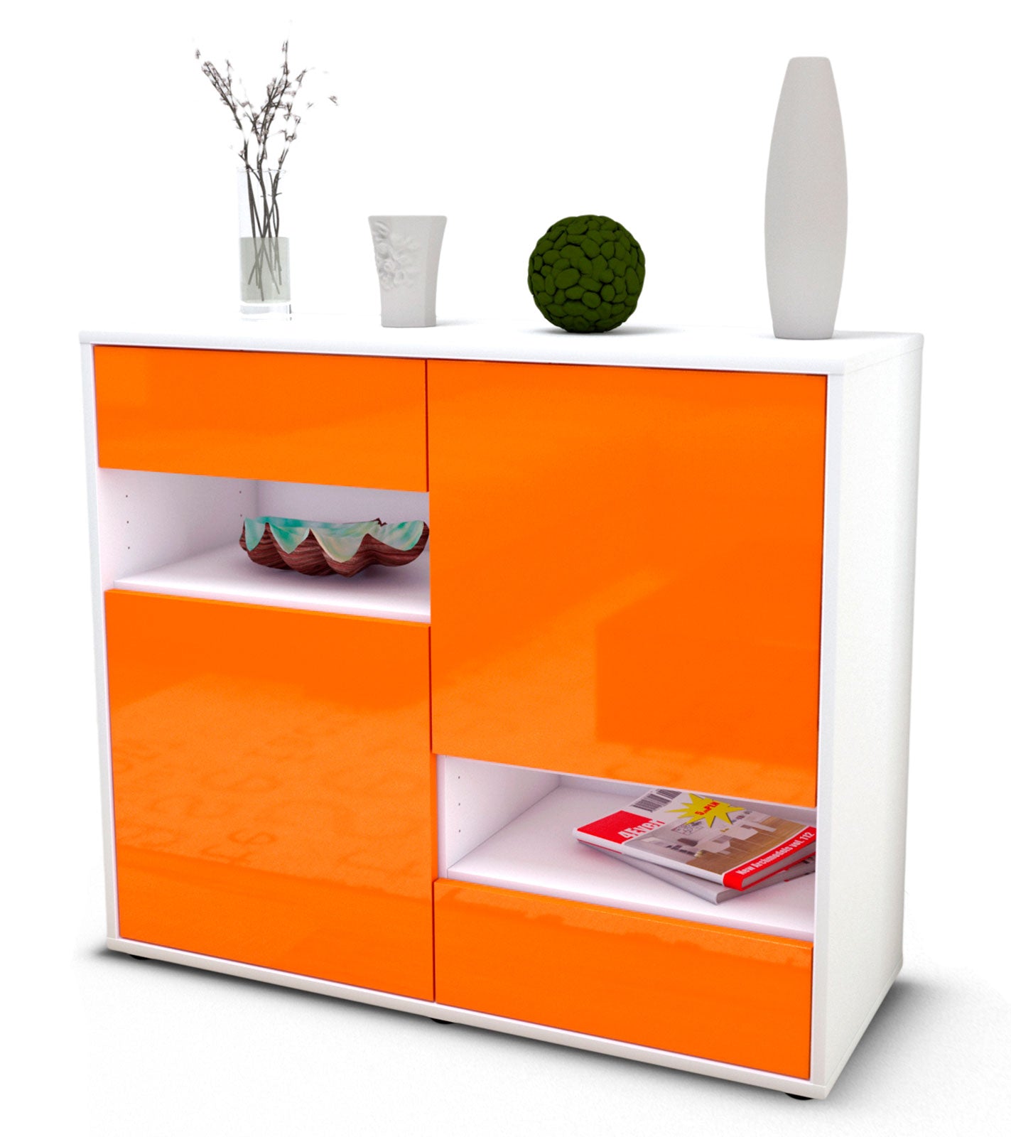 Sideboard Carmelina | Korpus Weiß | Front in Hochglanz Orange | 92x79x35cm (BxHxT) 1 Sideboard Carmelina | Korpus Weiß | Front in Hochglanz Orange | 92x79x35cm (BxHxT)