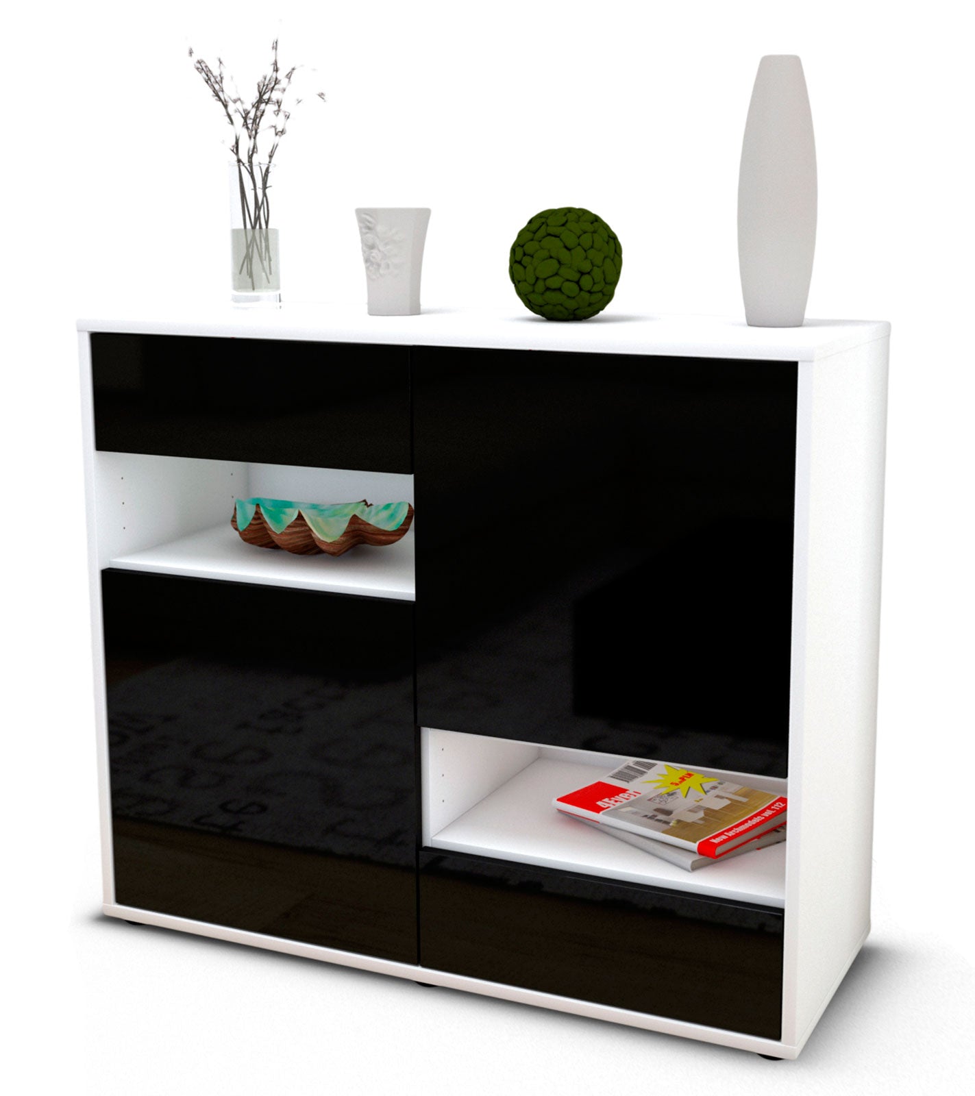 Sideboard Carmelina | Korpus Weiß | Front in Hochglanz Schwarz | 92x79x35cm (BxHxT) 1 Sideboard Carmelina | Korpus Weiß | Front in Hochglanz Schwarz | 92x79x35cm (BxHxT)