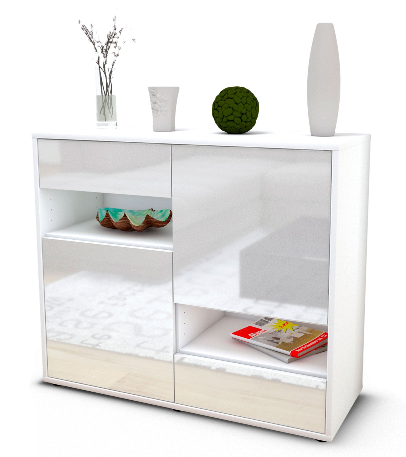 Sideboard Carmelina | Korpus Weiß | Front in Hochglanz Weiß | 92x79x35cm (BxHxT) 1 Sideboard Carmelina | Korpus Weiß | Front in Hochglanz Weiß | 92x79x35cm (BxHxT)