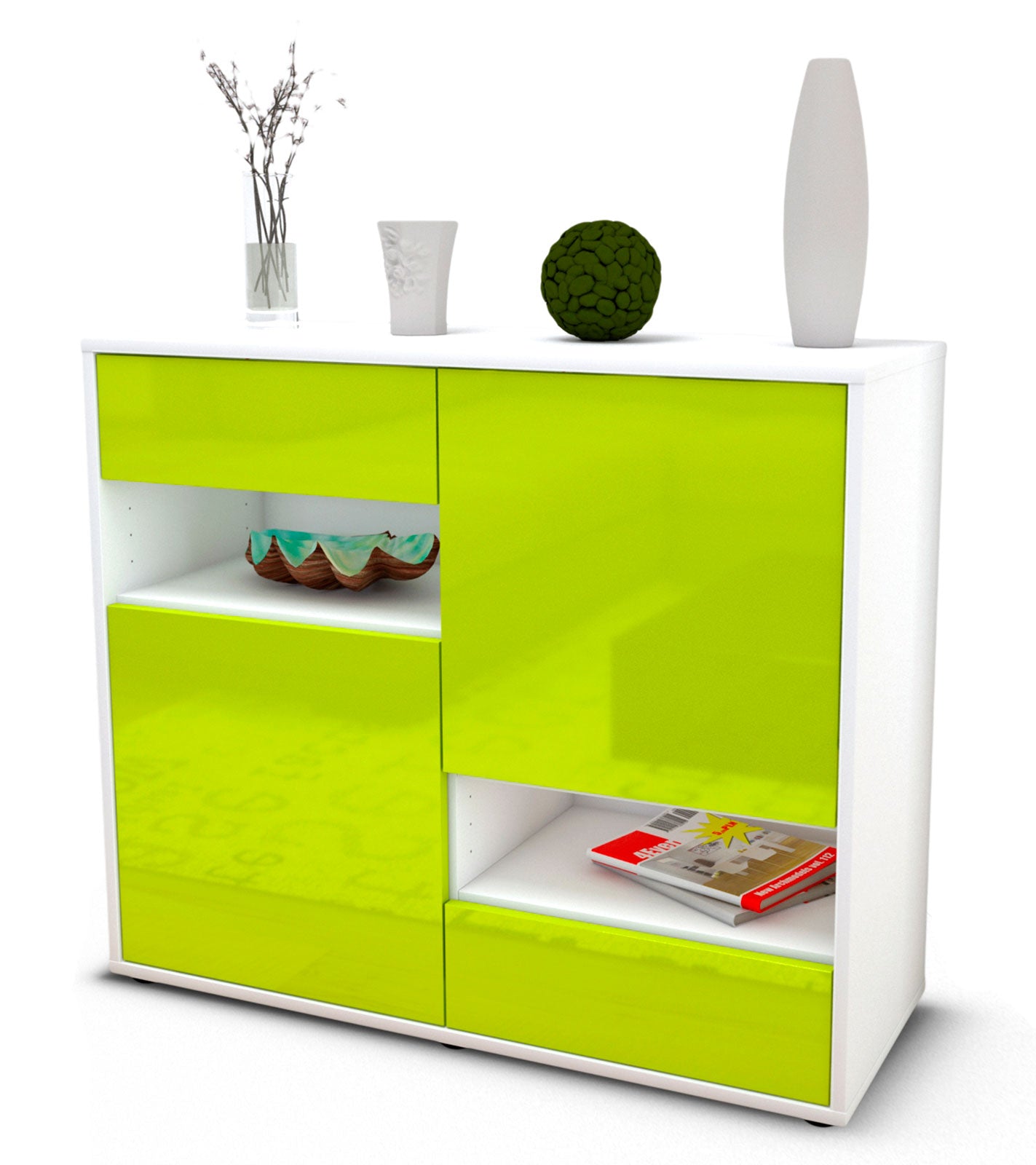 Sideboard Carmelina | Korpus Weiß | Front in Hochglanz Grün | 92x79x35cm (BxHxT) 1 Sideboard Carmelina | Korpus Weiß | Front in Hochglanz Grün | 92x79x35cm (BxHxT)