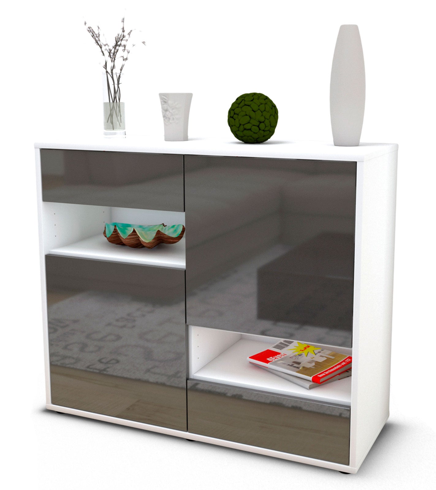 Sideboard Carmelina | Korpus Weiß | Front in Hochglanz Grau | 92x79x35cm (BxHxT) 1 Sideboard Carmelina | Korpus Weiß | Front in Hochglanz Grau | 92x79x35cm (BxHxT)