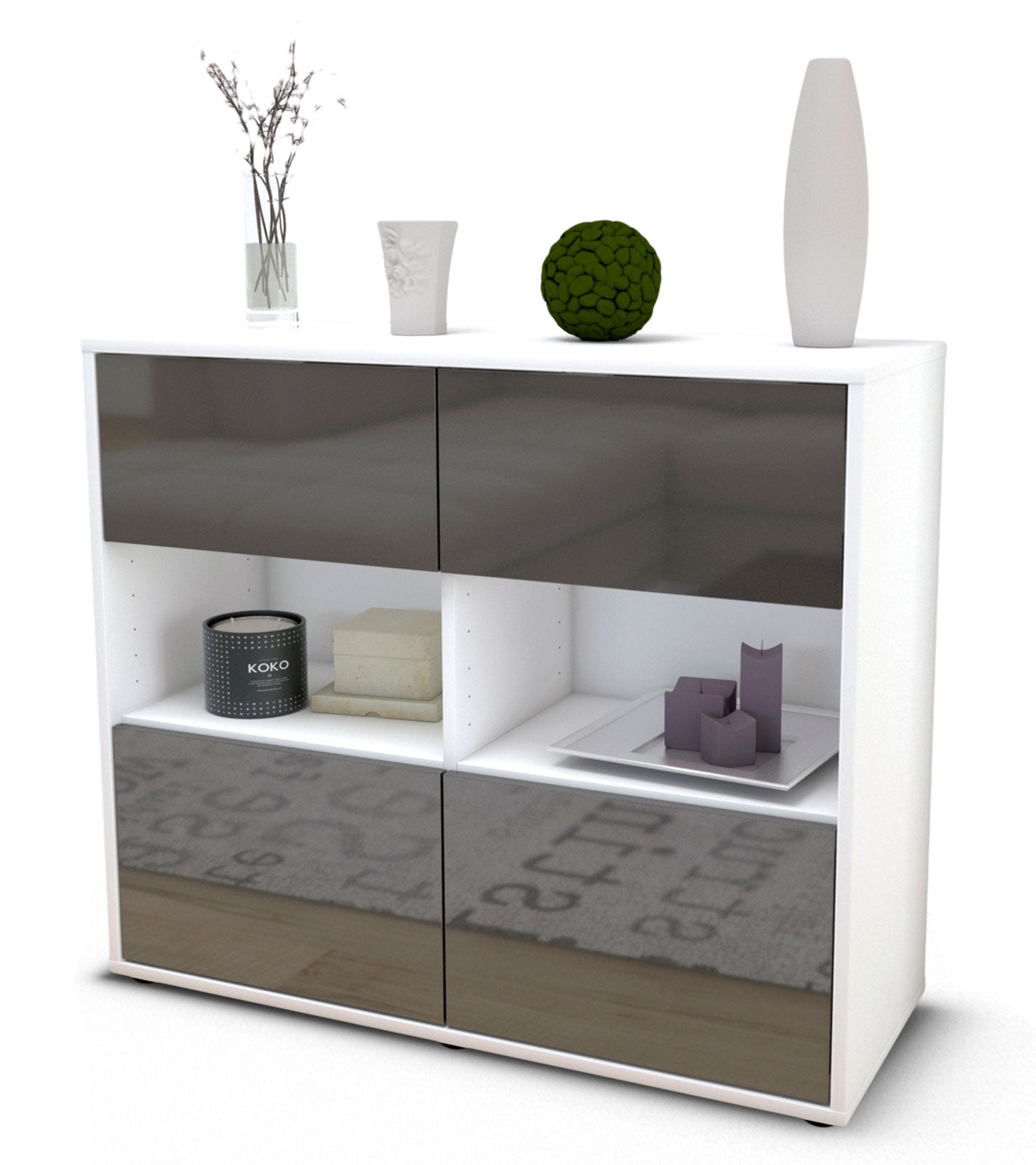 Sideboard Carmen | Korpus Weiß | Front in Hochglanz Grau | 92x79x35cm (BxHxT) 1 Sideboard Carmen | Korpus Weiß | Front in Hochglanz Grau | 92x79x35cm (BxHxT)