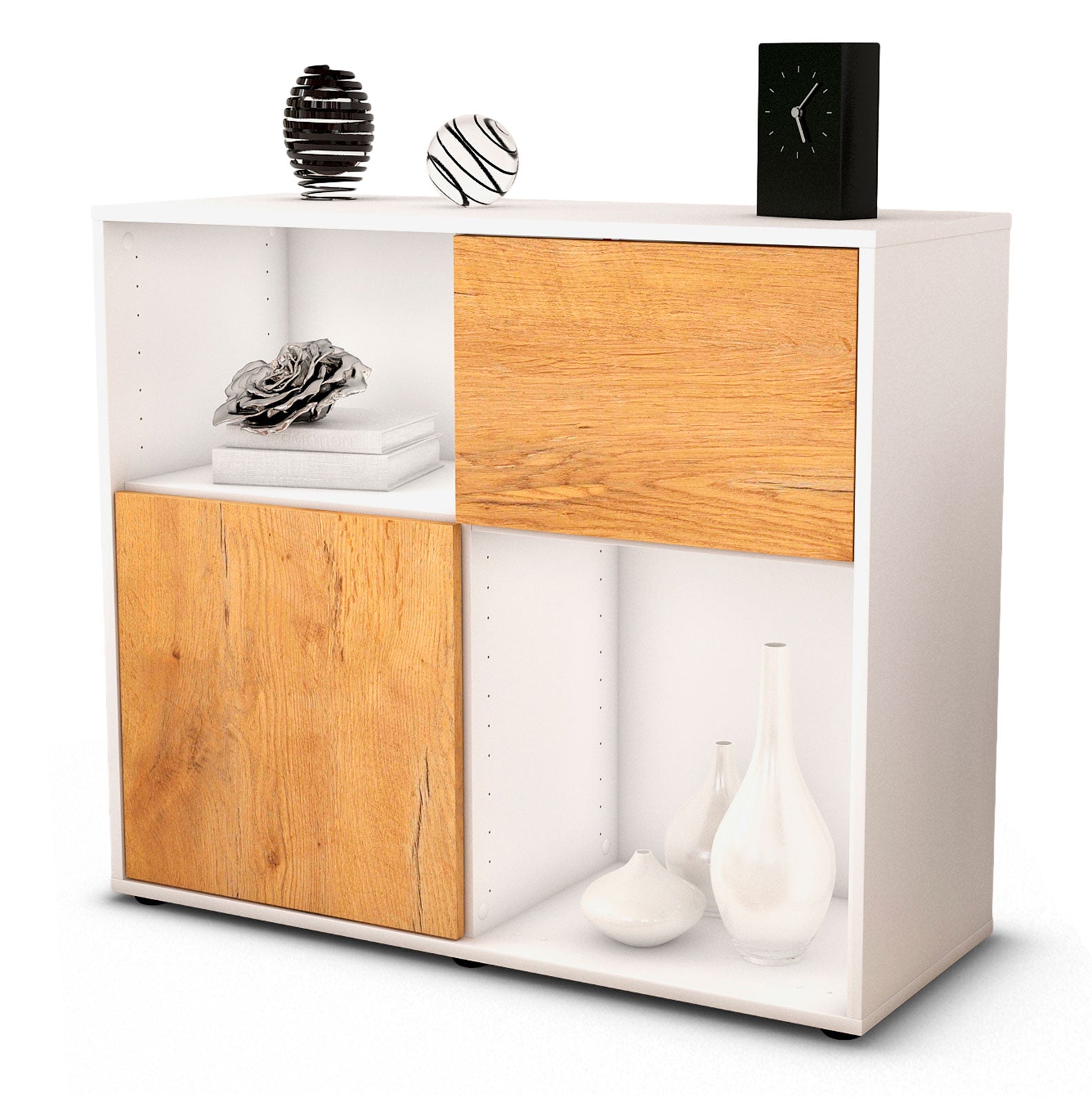 Sideboard Carola | Korpus Weiß | Front in Eiche Holz Optik | 92x79x35cm (BxHxT) 1 Sideboard Carola | Korpus Weiß | Front in Eiche Holz Optik | 92x79x35cm (BxHxT)