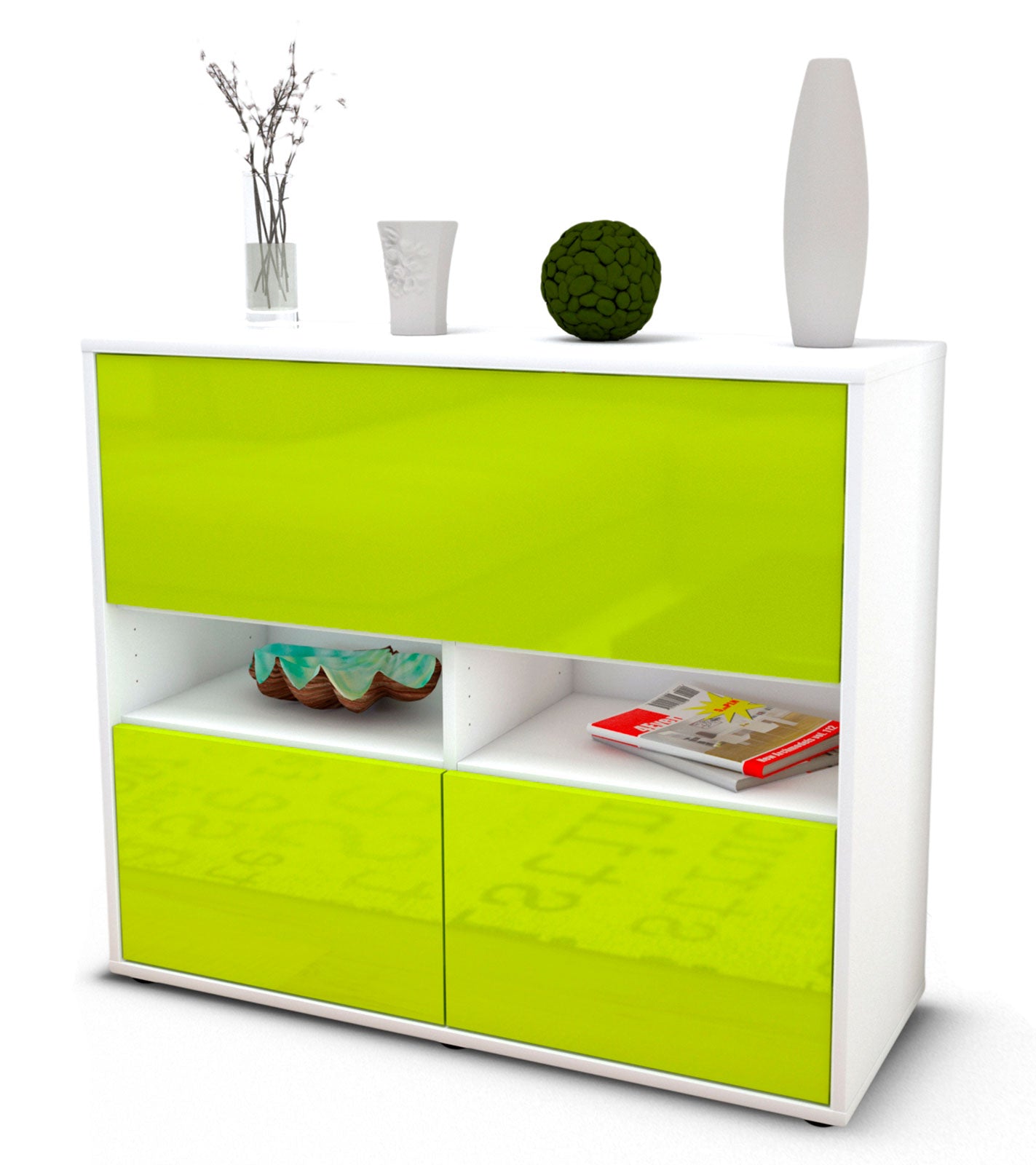 Sideboard Cassandra | Korpus Weiß | Front in Hochglanz Grün | 92x79x35cm (BxHxT) 1 Sideboard Cassandra | Korpus Weiß | Front in Hochglanz Grün | 92x79x35cm (BxHxT)