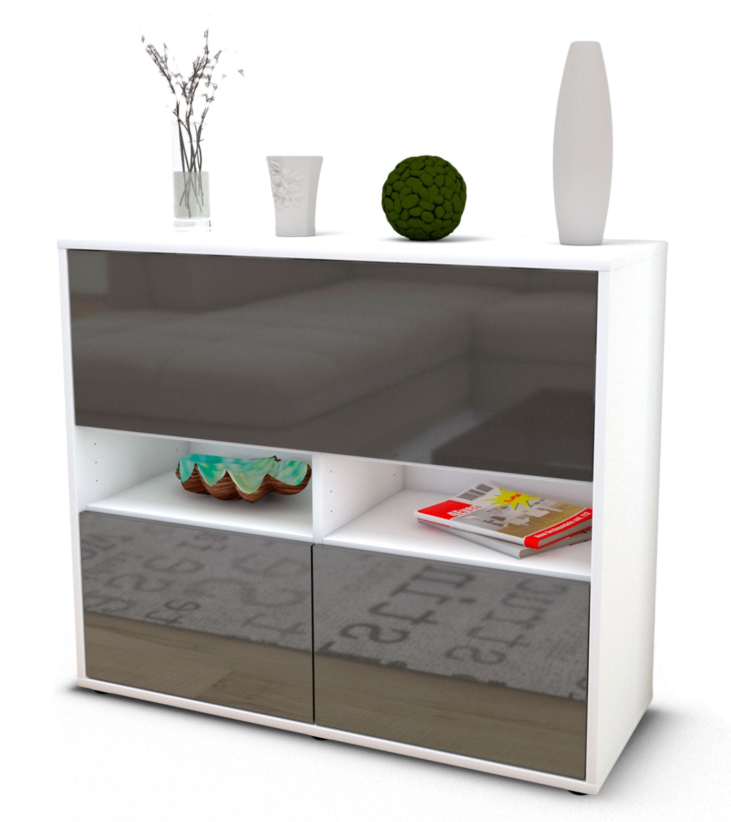 Sideboard Cassandra | Korpus Weiß | Front in Hochglanz Grau | 92x79x35cm (BxHxT) 1 Sideboard Cassandra | Korpus Weiß | Front in Hochglanz Grau | 92x79x35cm (BxHxT)