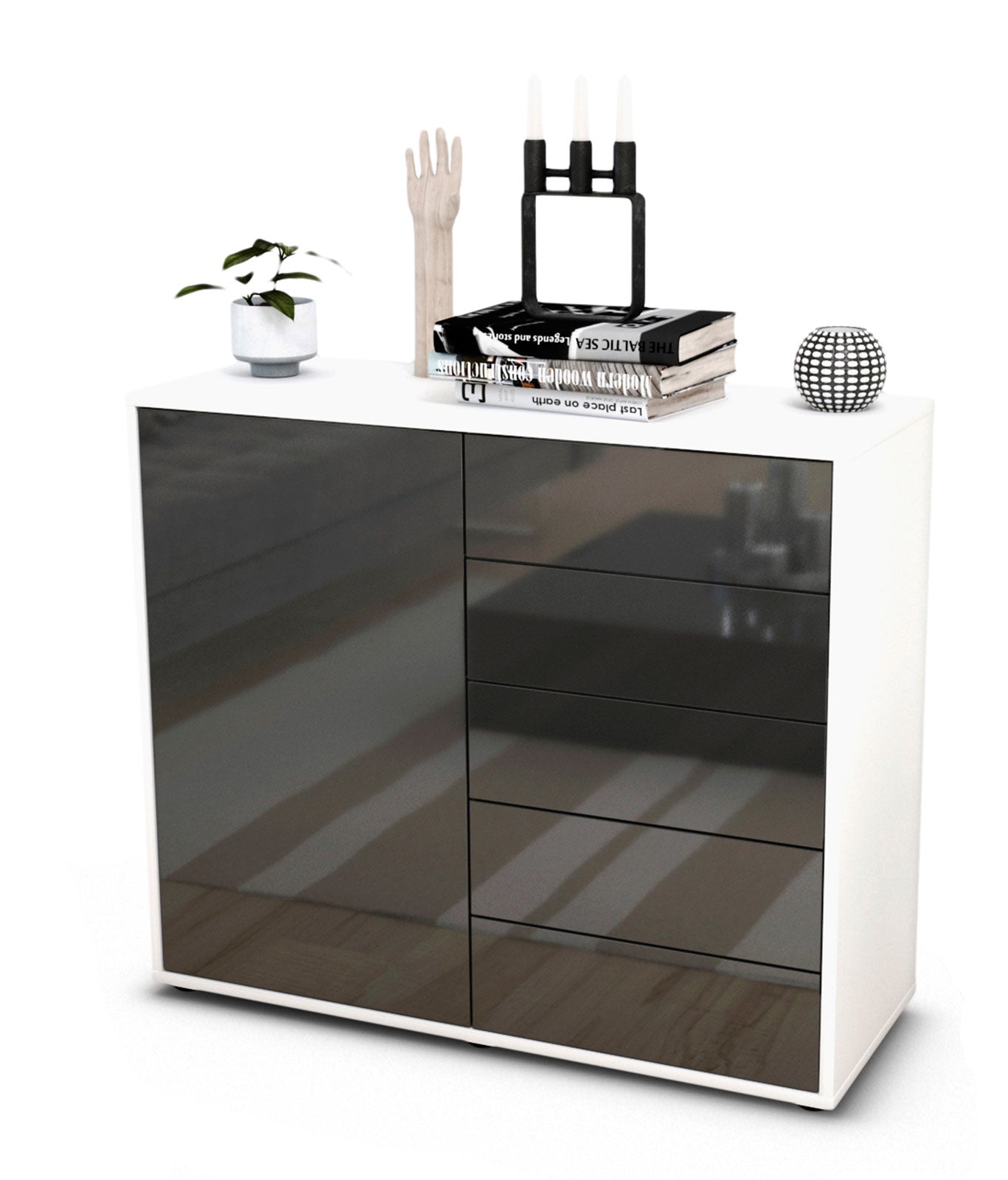 Sideboard Cecilia | Korpus Weiß | Front in Hochglanz Grau | 92x79x35cm (BxHxT) 1 Sideboard Cecilia | Korpus Weiß | Front in Hochglanz Grau | 92x79x35cm (BxHxT)
