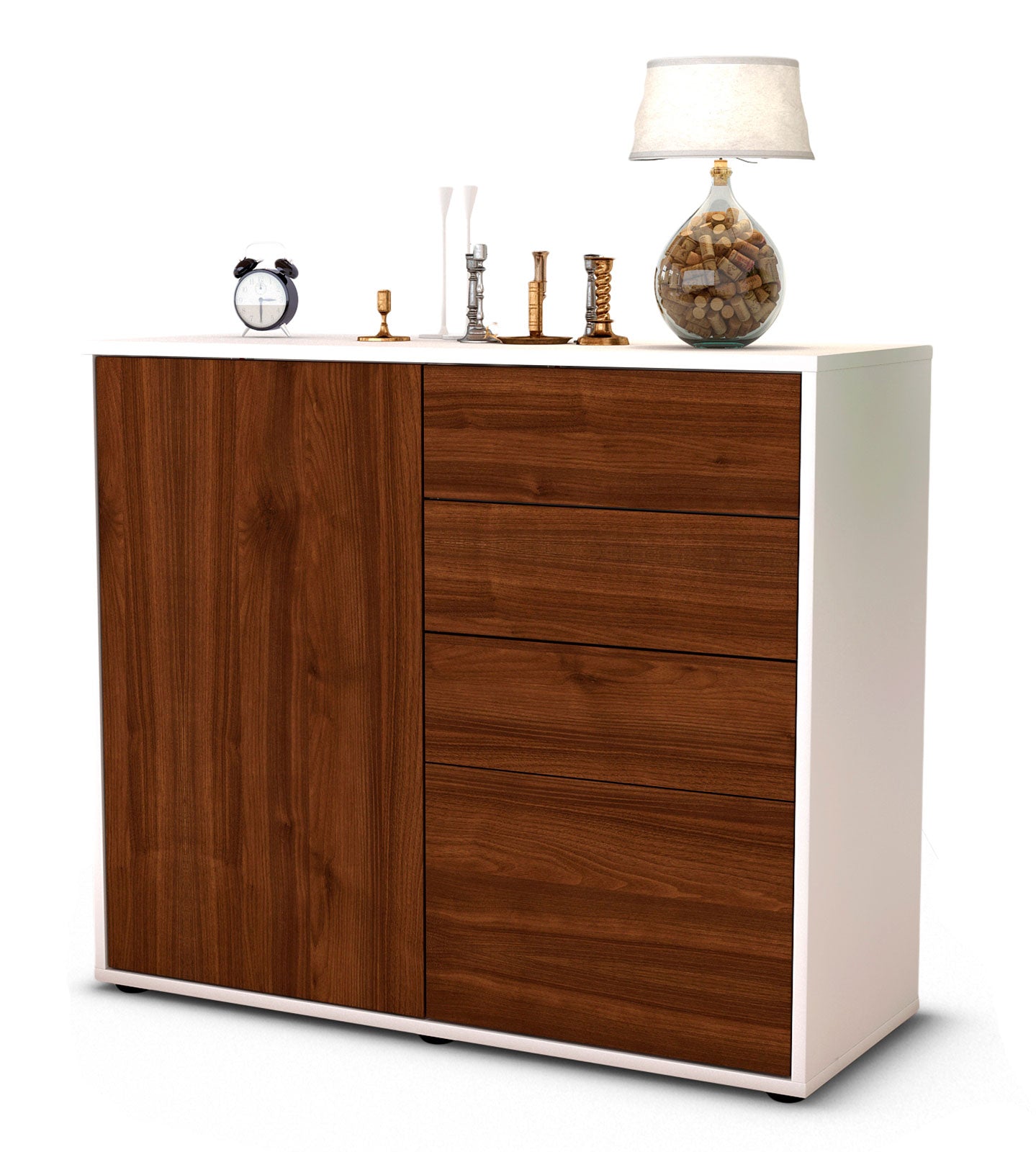 Sideboard Celestina | Korpus Weiß | Front in Walnuss Holz Optik | 92x79x35cm (BxHxT) 1 Sideboard Celestina | Korpus Weiß | Front in Walnuss Holz Optik | 92x79x35cm (BxHxT)