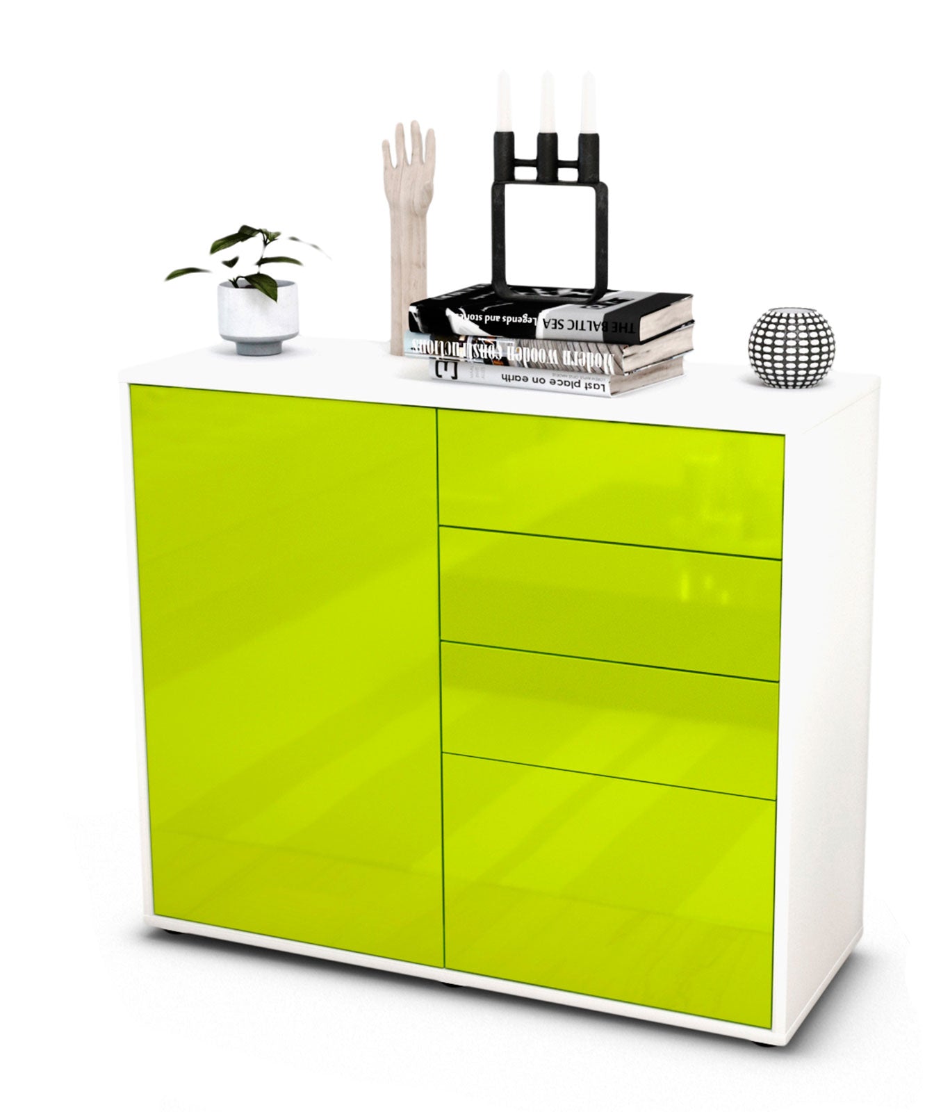 Sideboard Celestina | Korpus Weiß | Front in Hochglanz Grün | 92x79x35cm (BxHxT) 1 Sideboard Celestina | Korpus Weiß | Front in Hochglanz Grün | 92x79x35cm (BxHxT)