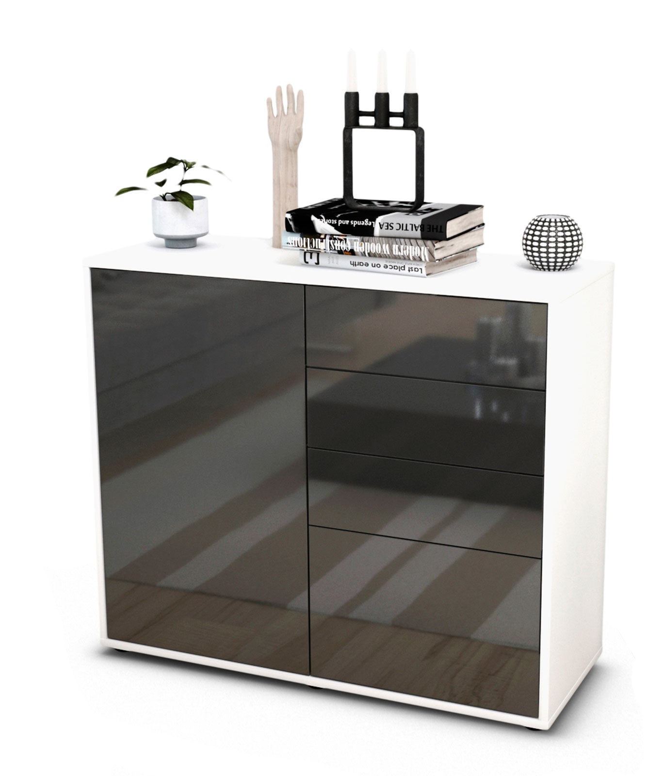 Sideboard Celestina | Korpus Weiß | Front in Hochglanz Grau | 92x79x35cm (BxHxT) 1 Sideboard Celestina | Korpus Weiß | Front in Hochglanz Grau | 92x79x35cm (BxHxT)