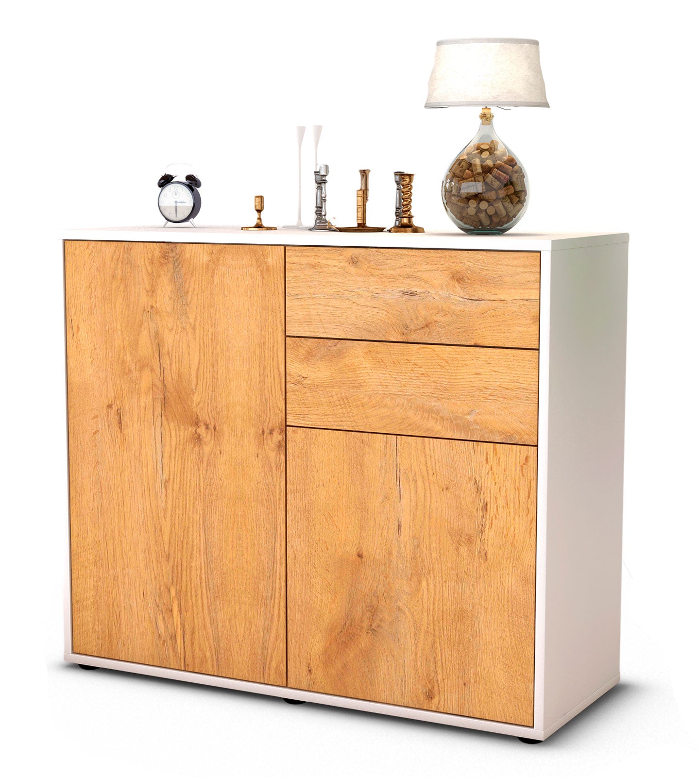Sideboard Chantal | Korpus Weiß | Front in Eiche Holz Optik | 92x79x35cm (BxHxT) 1 Sideboard Chantal | Korpus Weiß | Front in Eiche Holz Optik | 92x79x35cm (BxHxT)