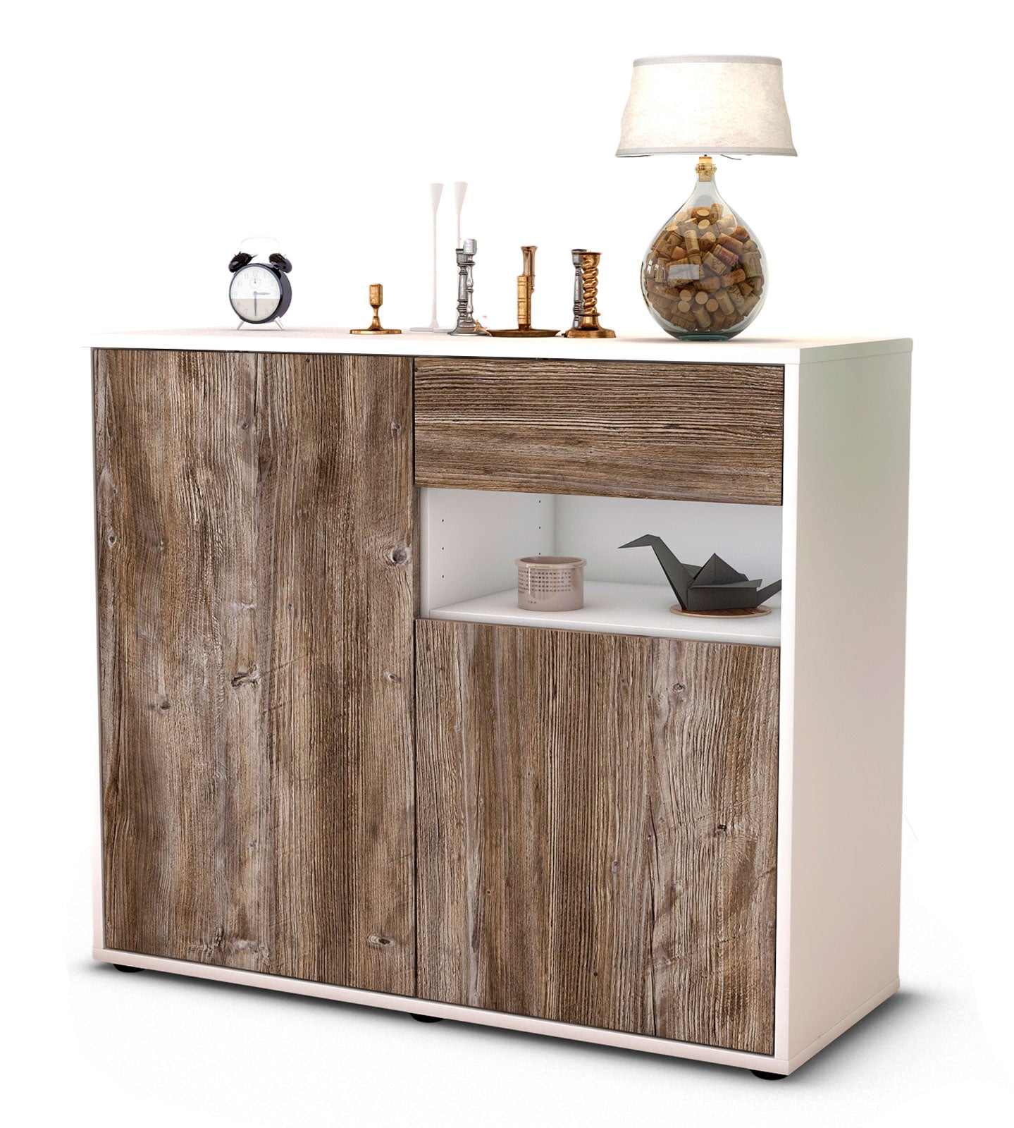 Sideboard Charlotta | Korpus Weiß | Front in Treibholz Holz Optik | 92x79x35cm (BxHxT) 1 Sideboard Charlotta | Korpus Weiß | Front in Treibholz Holz Optik | 92x79x35cm (BxHxT)