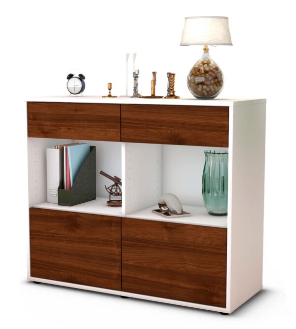 Sideboard Christina | Korpus Weiß | Front in Walnuss Holz Optik | 92x79x35cm (BxHxT)