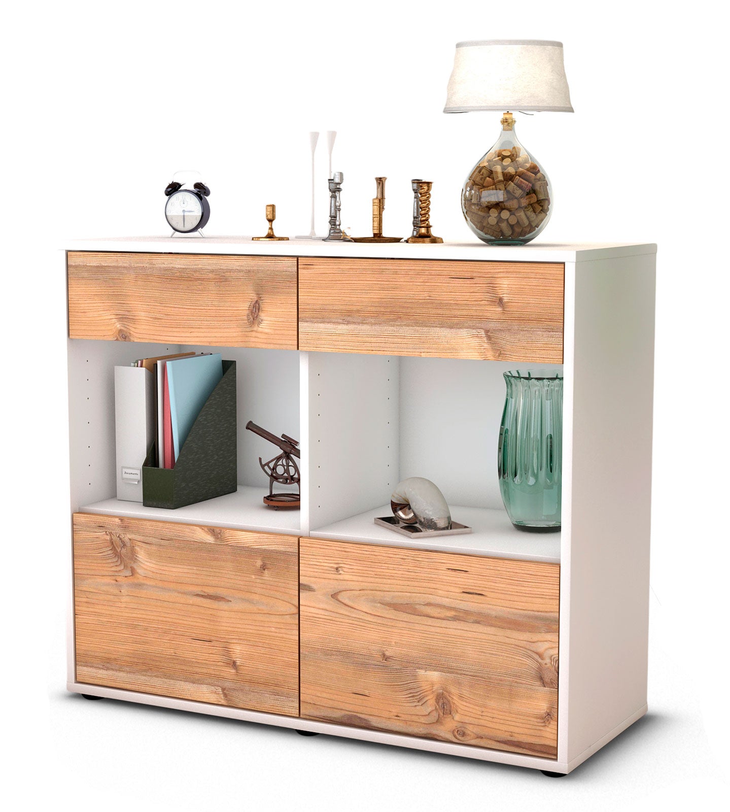 Sideboard Christina | Korpus Weiß | Front in Pinie Holz Optik | 92x79x35cm (BxHxT) 1 Sideboard Christina | Korpus Weiß | Front in Pinie Holz Optik | 92x79x35cm (BxHxT)