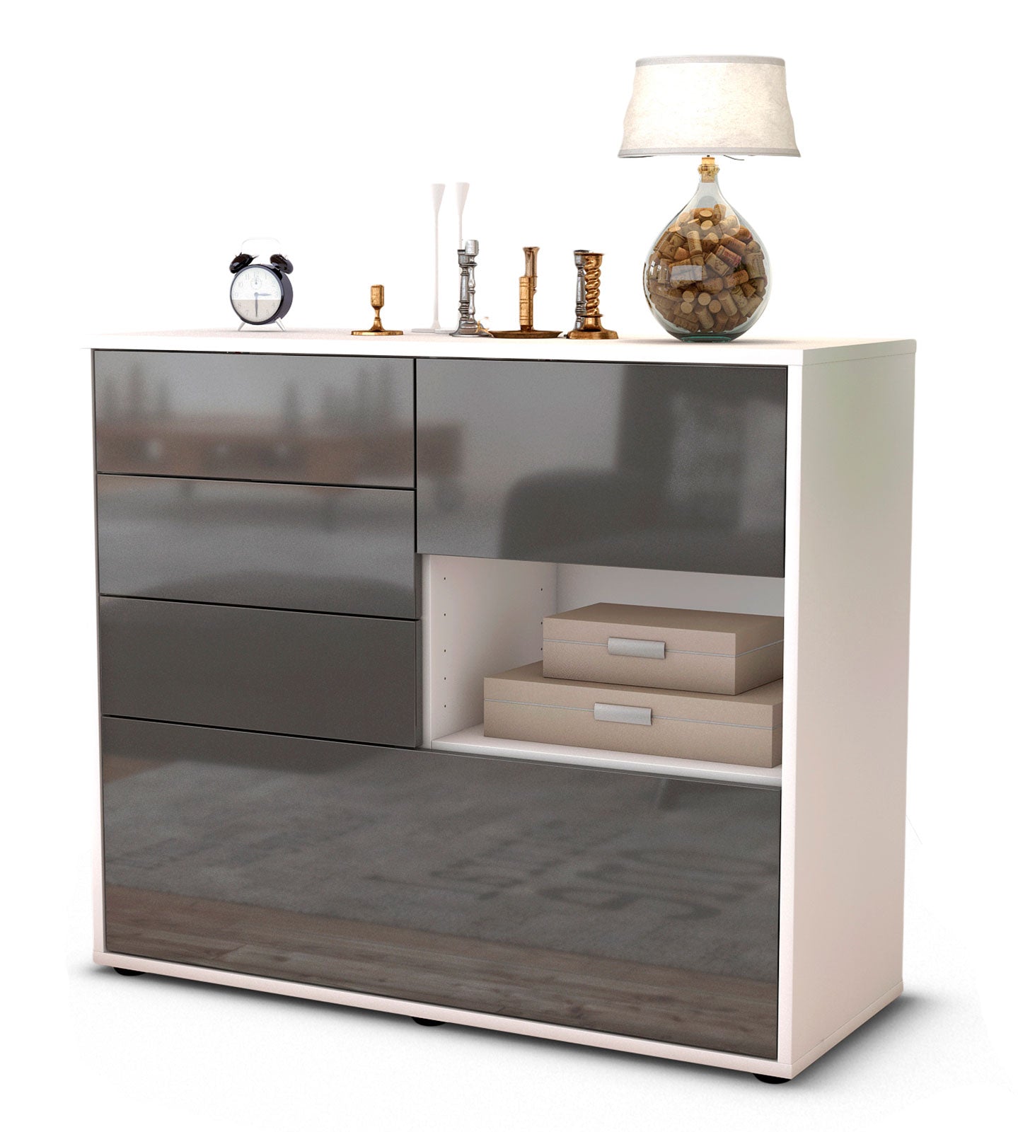 Sideboard Coco | Korpus Weiß | Front in Hochglanz Grau | 92x79x35cm (BxHxT) 1 Sideboard Coco | Korpus Weiß | Front in Hochglanz Grau | 92x79x35cm (BxHxT)