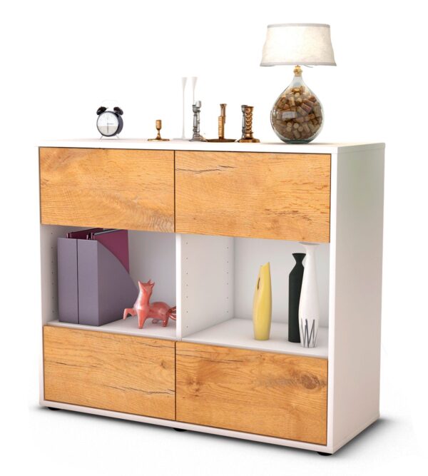 Sideboard Daniela | Korpus Weiß | Front in Eiche Holz Optik | 92x79x35cm (BxHxT)