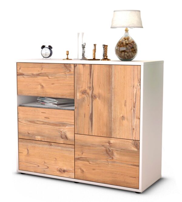 Sideboard Davina | Korpus Weiß | Front in Pinie Holz Optik | 92x79x35cm (BxHxT)