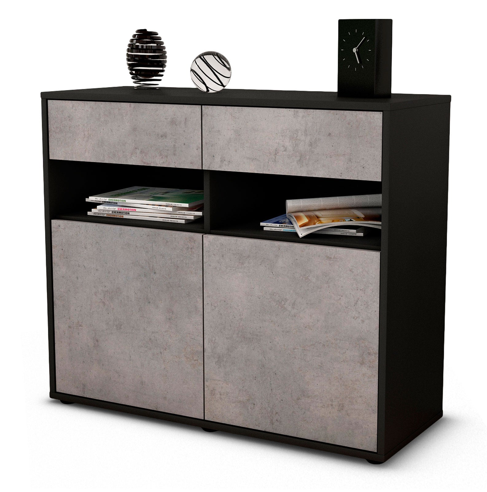 Sideboard Bruna | Korpus Anthrazit | Front in Beton Optik | 92x79x35cm (BxHxT) 1 Sideboard Bruna | Korpus Anthrazit | Front in Beton Optik | 92x79x35cm (BxHxT)