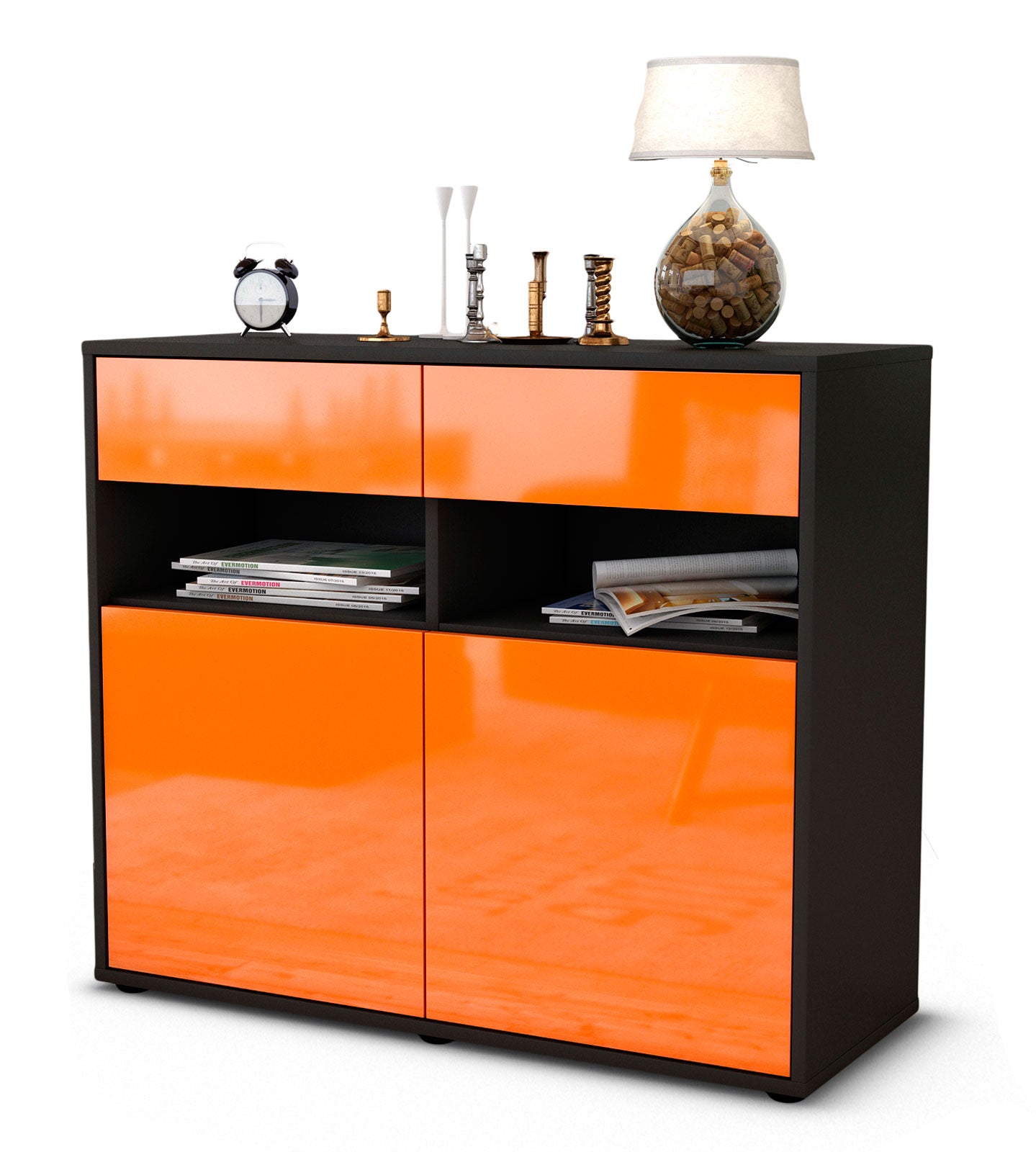 Sideboard Bruna | Korpus Anthrazit | Front in Hochglanz Orange | 92x79x35cm (BxHxT) 1 Sideboard Bruna | Korpus Anthrazit | Front in Hochglanz Orange | 92x79x35cm (BxHxT)