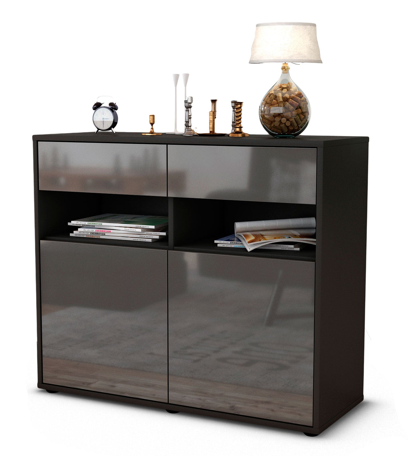 Sideboard Bruna | Korpus Anthrazit | Front in Hochglanz Grau | 92x79x35cm (BxHxT) 1 Sideboard Bruna | Korpus Anthrazit | Front in Hochglanz Grau | 92x79x35cm (BxHxT)